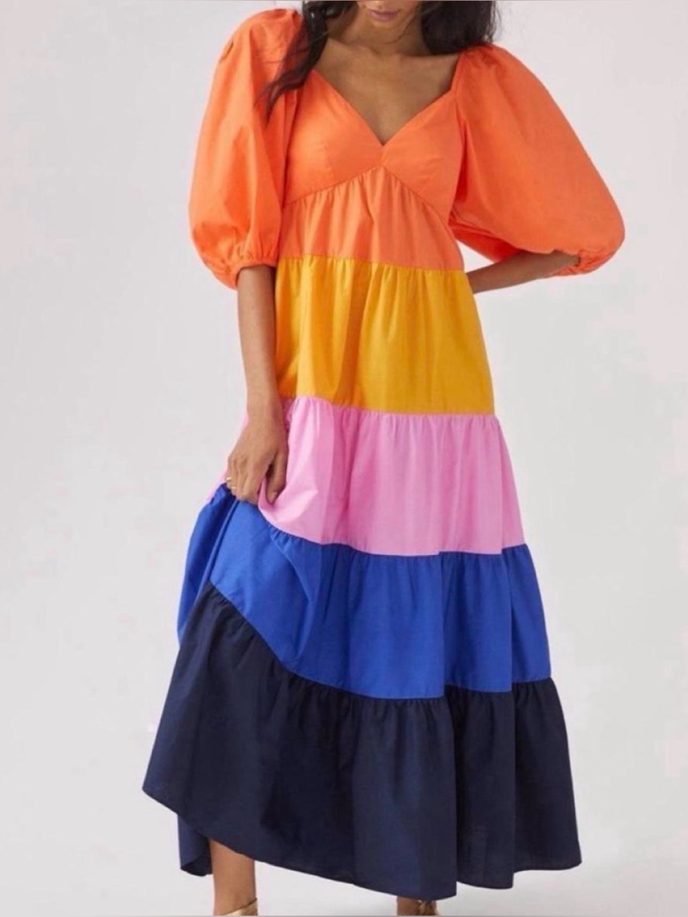 Farm Rio for Anthropologie Tiered Rainbow Puff Sleeve Midi Dress Size XS